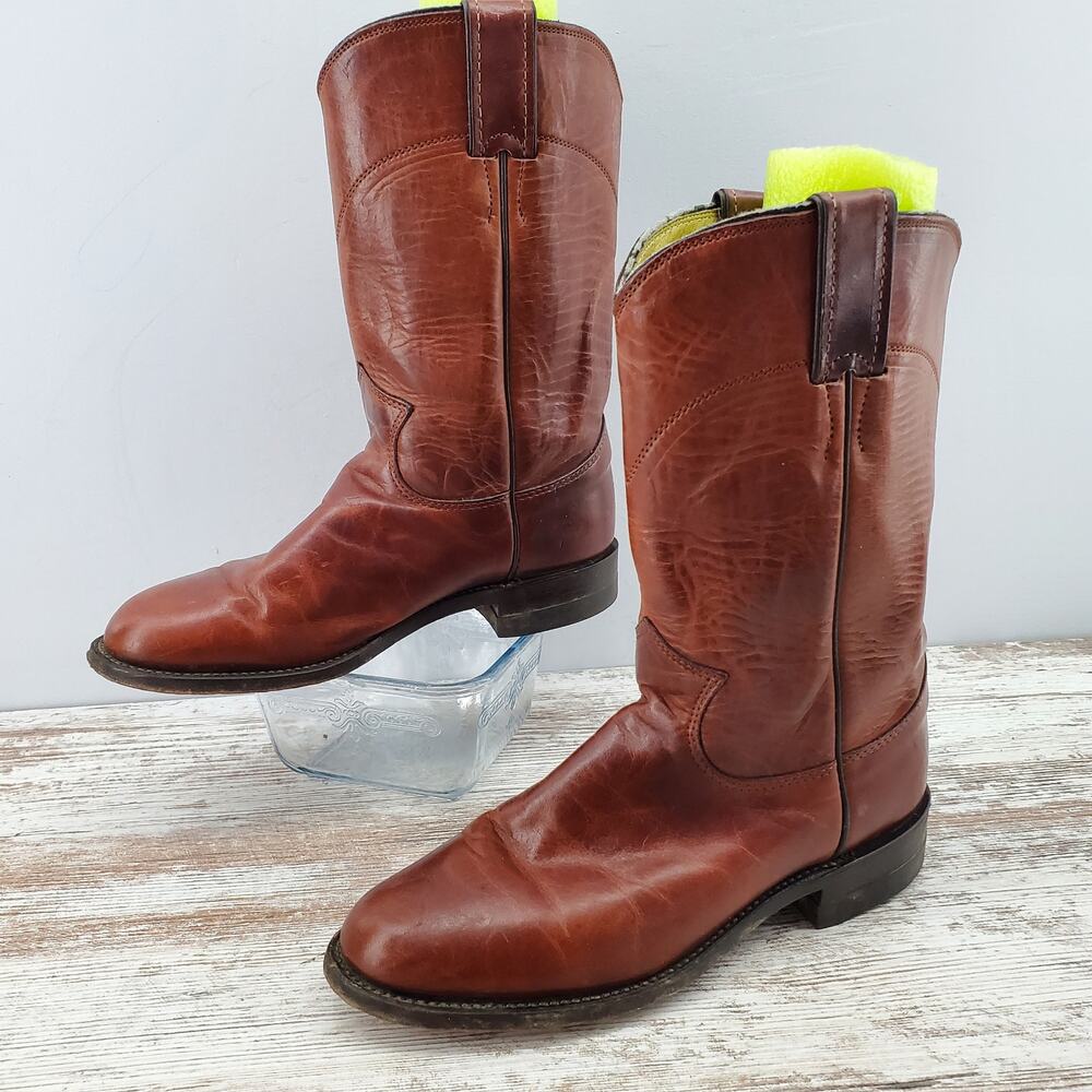 Justin Boots Brown Leather Kids Western Boots with Neon Yellow Pull Tabs